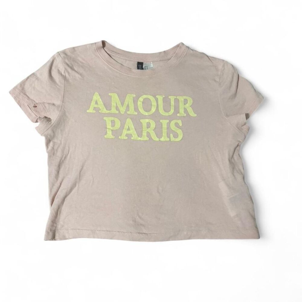 H&M Pink Cotton Blend Amour Paris Graphic Cropped Tee Shirt Top Size Medium